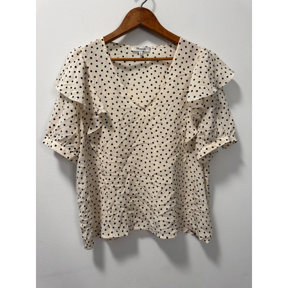 Madewell Silk V-Neck Shoulder-Ruffle Top In Inkbrush Polka Dots Black Cream Med